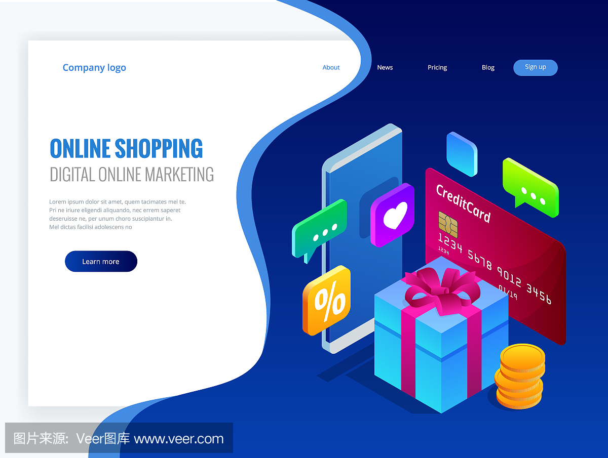 等距網(wǎng)上購(gòu)物概念。數(shù)字網(wǎng)絡(luò)營(yíng)銷商業(yè)銷售概念。最好的禮物。矢量圖